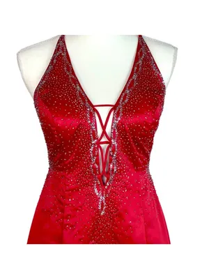 Dave & Johnny VTG Red A-Line Satin Corset Beaded Gown 9/10 Strappy Prom Vampire thumbnail 3