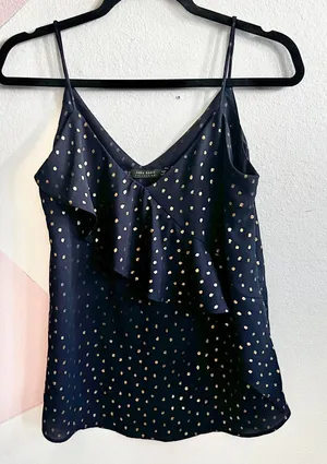 Zara Navy Gold Polka Dot Ruffle Tank Top Y2K Coquette‎ Glam Academia XS thumbnail 1