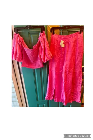 Young Fabulous & Broke Pink Linen Smocked Puff Sleeve Top Wide Leg Slit Pant Set Extra Small thumbnail 3