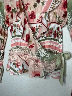 Y2K Vintage Pastel Floral Crinkle Textured Flared Sleeve Wrap Fairycore Blouse thumbnail 5