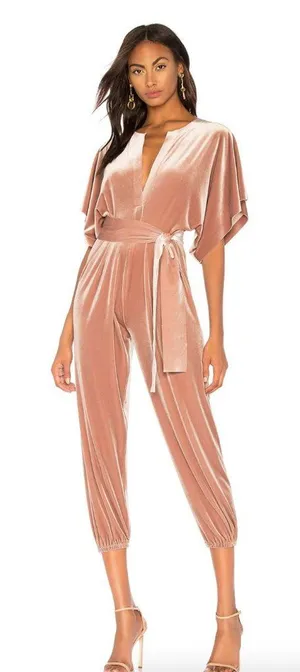 Norma Kamali Rectangle Jog Jumpsuit salmon pink stretch velvet small thumbnail 1