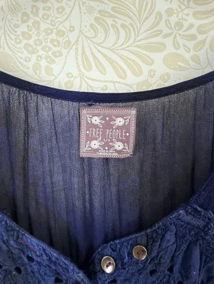 Free People Vintage Navy Embellished Cap Sleeve Top - Size - Large thumbnail 3