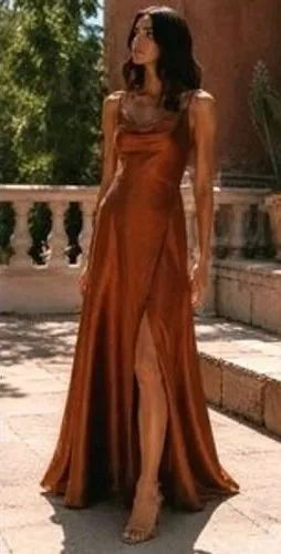 Birdy Grey Women L Rust Satin Cowl Neck Maxi Dress Bridesmaid Wedding Guest thumbnail 1