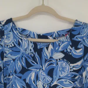 Lilly Pulitzer Blue Floral A-Line Dress XS Pink Border Ruffle Sleeve Rayon Spand thumbnail 5