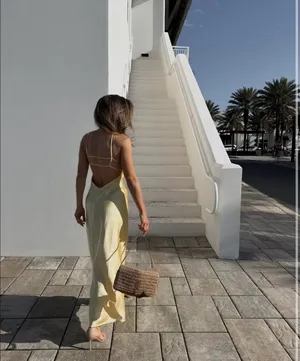 Zara maxi dress flowy butter yellow satin effect wedding evening party thumbnail 2