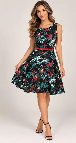ELLE Aqua Floral Print Pleated Fit & Flare Dress Size M thumbnail 1