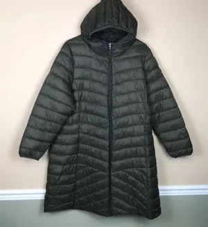 Harvey & Jones Women's Olive Green Nylon Long Line Hooded Puffer Coat thumbnail 1
