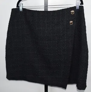 Nine West Black Tweed Boucle Mini Skirt XL Gold Button Zip Career Chic thumbnail 1