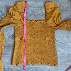 Cinq à Sept Ellis 100% silk puff-shoulder smocked top in marigold yellow XXS thumbnail 6