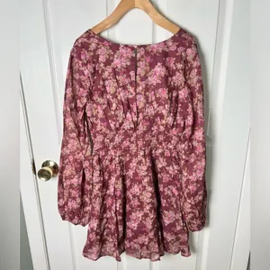Free People Mauve Keep You Floral Smocked V Neck Mini Dress Berry Combo S thumbnail 6