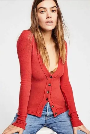 We The Free Call Me Cardi Fitted Button Down Cardigan Sz M Red thumbnail 1