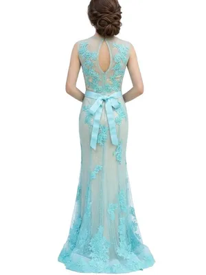 Turquoise Illusion Mermaid Gown Sheer Mesh Floral Lace Appliqués 6 Prom Wedding thumbnail 2