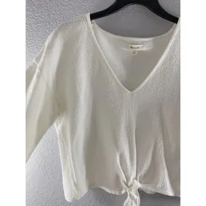 Madewell White V Neck Textured Tie Front Top thumbnail 6