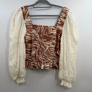 Anthropologie Love The Label Zebra Eyelet Puff Sleeve Smocked Blouse M thumbnail 5