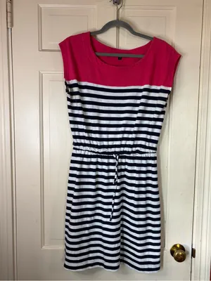 Gap Pink Navy White Striped T-Shirt Dress Drawstring Waist Nautical Size M thumbnail 8