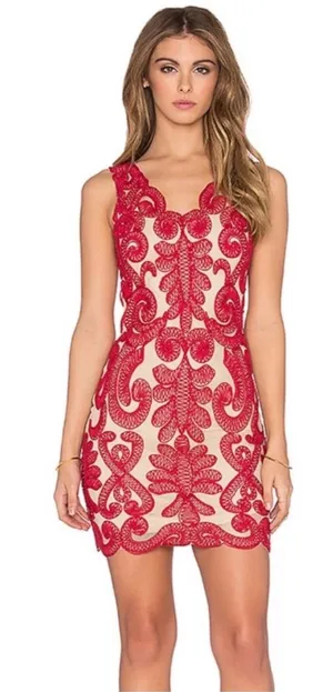 NBD Red Nude Embroidered Lace Mini Dress XS Open Back thumbnail 1