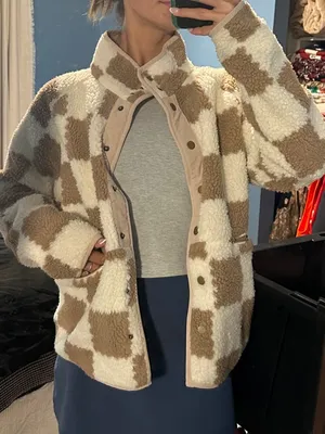 SheIn Checked Sherpa Jacket in Cream and Brown - Women's Cozy Coat thumbnail 2