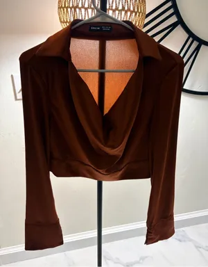 SHEIN Brown Draped Cowl Neck Long Sleeve Blouse thumbnail 1