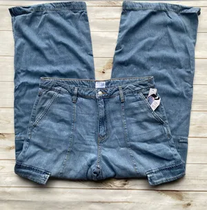 Time & Tru high rise wide leg cargo jeans light wash contour stitching NEW 12 thumbnail 1