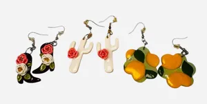 Artisan! Handmade Cowboy Boots /Cactus Rose / Lemon Clay Hook Earrings 3 Pair thumbnail 1