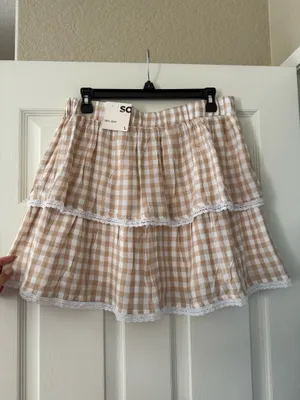 BNWT Neutral Gingham Lace Trim Tiered Mini Skirt thumbnail 3