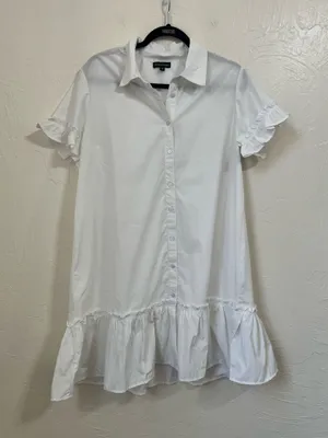 Meadow Rhodes White Ruffle Hem Button-Down Shirt Dress size M thumbnail 1