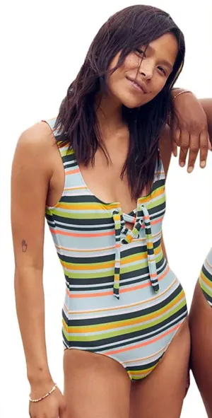 AERIE Women’s Striped One Piece Tie Front‎ One Piece Bathing Suit Sz Large thumbnail 1