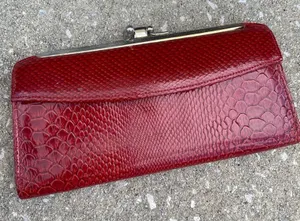 Vintage Python Embossed Wallet Womens OS Red‎ Kiss Lock Clutch Leather thumbnail 1