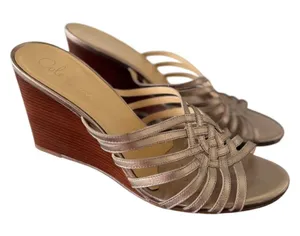 Cole Haan Bronze Caged Leather Wood Stacked Slip On Wedge Heel thumbnail 1