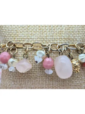 Premier Designs Dangle Charm Bead Bracelet Pink & White Accents Gold-Tone Chain thumbnail 2