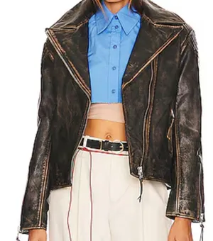 EAVES Gia Leather Moto Jacket in Brown small Brown thumbnail 1