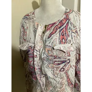 Chicos 100% Linen Paisley Zip Front Jacket Pink Purple Orange Size 2 L Large thumbnail 2