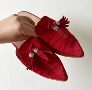 Stuart Weitzman Slidealong Tassel Pointed Toe Mule in Red Suede Women's 6 thumbnail 4