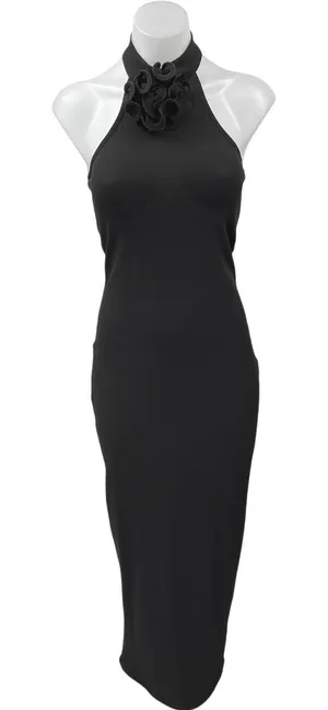 NA-KD Black Sleeveless Rose Halter High Neck Slit Midi Maxi Bodycon Dress XS thumbnail 1