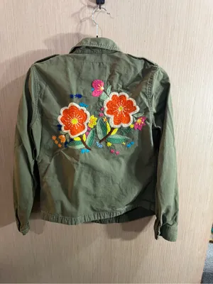 Lucky Brand Olive Military Utility Jacket with Embroidered Flowers on Back Small thumbnail 3