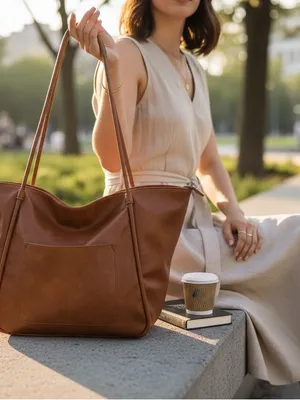 Classic Brown Vegan Leather Tote Bag – Timeless Everyday Carry thumbnail 1