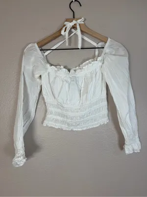 With Jean Fonda Top Long Sleeve Smocked Blouse White Small $219 thumbnail 13