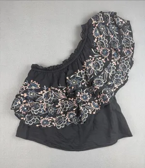 Misa Los Angeles Black One-Shoulder Embroidered Ruffle Crop Top Size: Small thumbnail 1