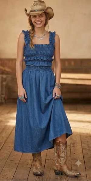Kimchi Blue Kenzie Empire Waist Bow Back Denim Maxi Dress size medium thumbnail 1