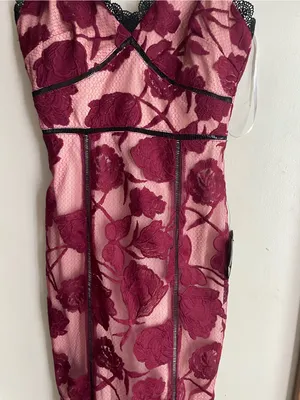 Lulus Alluring Dream Burgundy Floral Mesh Lace Trumpet Midi Dress thumbnail 6