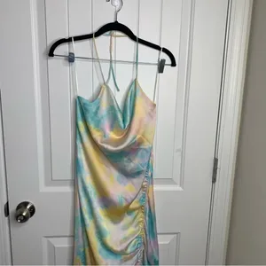 Zara pastel tie dye satin rainbow‎ ruched ruched midi dress blogger size XS thumbnail 7