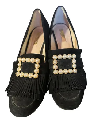Louise et Cie Idali Black Suede Pearl Buckle Fringe Kiltie Pumps Size 9.5 thumbnail 2