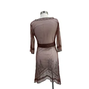 Vintage Style Sheer Mesh Embroidered Lace Trim Dress Brown Silver Size S thumbnail 2