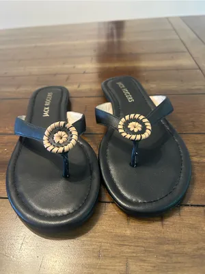 Jack Rogers Black Leather Thong Sandals with Woven Medallion Size 9.5 thumbnail 6