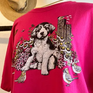Jerzees Vintage 90s Pink Dog Garden Graphic Cotton Short Sleeve Tee Size Large thumbnail 3