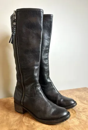 Lucky Brand Black Leather Knee High Boots Braided Zip Pull Block Heel Women's 6 thumbnail 1