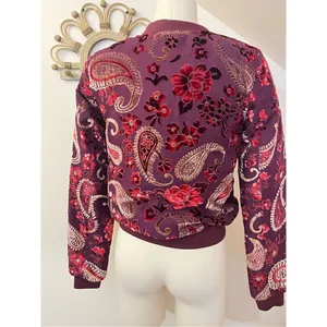 KAS New York Burgundy Velvet Paisley Ashlyn Burnout Bomber Jacket Size XS thumbnail 5