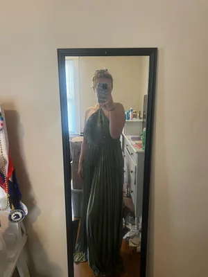 Lulus Elaborate Charm Olive Green Satin Pleated Backless Maxi Dress thumbnail 2