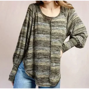 Free People Green Striped Boxy Scoop Neck Lightweight Slouchy Sweater Knit Top L thumbnail 1