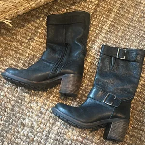 Non Signe Black Leather Buckle Moto Mid Calf Chunky Boots thumbnail 9